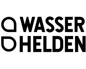 Logo mit dem Text "WASSER HELDEN" in fetter, schwarzer Schrift auf weißem Hintergrund.