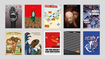 A collection of ten posters featuring various themes, including social justice, the environment, and migration, in different artistic styles.