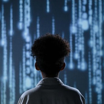 A child with curly hair stands with their back to the camera, gazing at a screen filled with digital data streams. The atmosphere feels futuristic and mysterious.