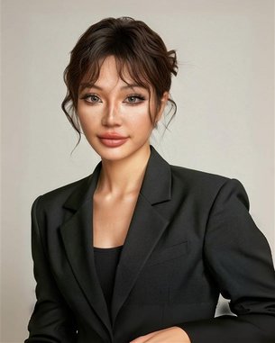 Eine Frau mit lockigem, braunem Haar trägt einen schwarzen Blazer und posiert vor einem neutralen Hintergrund.