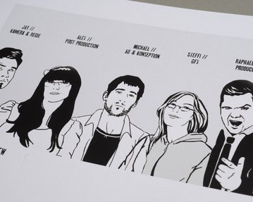Five individuals in stylized illustrations, representing different roles within the team: Camera, Post Production, Assistant Director, Graphics, and Producer. Each person has a brief description of their role beneath their image.