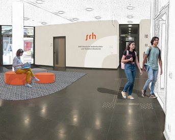 A modern reception area with students chatting and relaxing. One person is sitting on an orange chair while others come in and out of the room. The walls are bright and designed in a minimalist style.