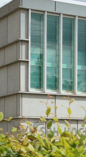 Moderne Schulgebäude mit großen Fenstern und einer klaren Fassade. Im Vordergrund sind grüne Pflanzen und Bäume sichtbar. Der Name der Schule ist an der Wand angebracht.