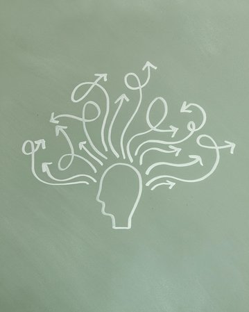Grafik eines Kopfes mit mehreren Pfeilen, die in verschiedene Richtungen zeigen, symbolisiert Gedanken oder Ideenfluss.