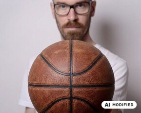 Ein Mann mit Brille hält einen Basketball in der Hand, der direkt in die Kamera gerichtet ist.