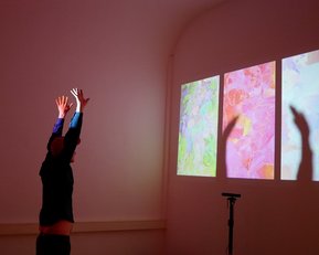 A person with raised hands stands in front of three projected, colorful images on a wall. The shadows of the hands are also visible.