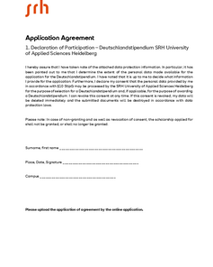 Application agreement for the Germany Scholarship at SRH University Heidelberg, including data protection information and signature field.