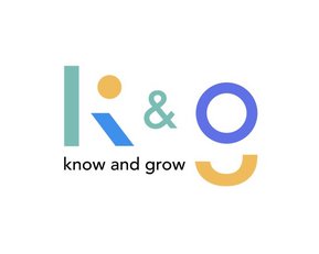 Ein modernes Logo mit den Buchstaben "K" und "G", begleitet von geometrischen Formen in verschiedenen Farben. Darunter steht der Slogan "know and grow".