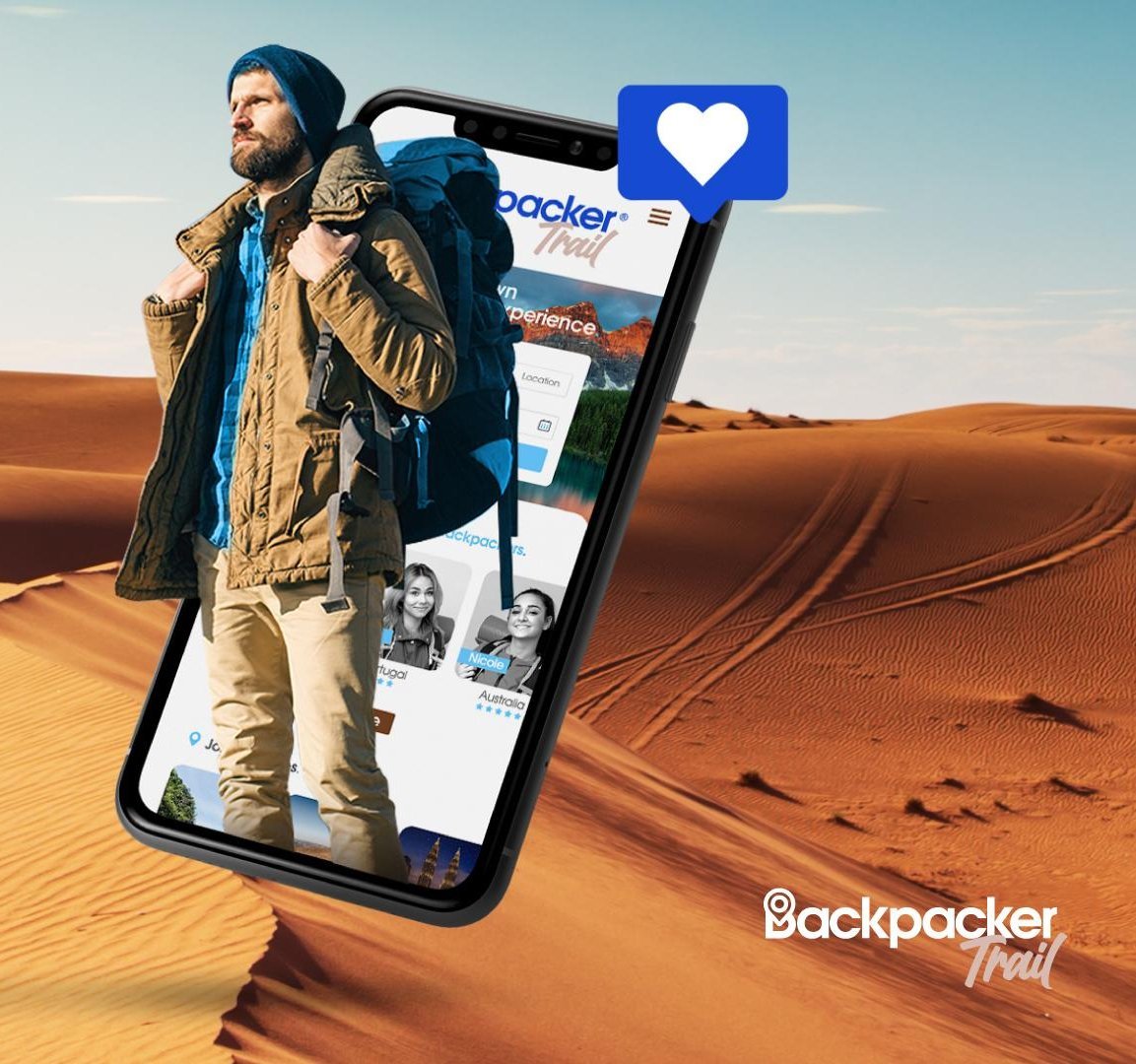 A man with a backpack stands in a desert landscape, looking at a smartphone that displays an app for backpackers. Text: "The largest platform for backpackers.