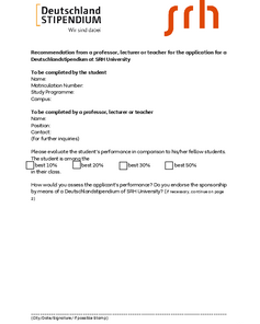 Recommendation form for the Germany Scholarship at SRH University, filled out by a student and a lecturer.