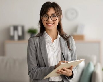 Eine Frau mit Brille in einem grauen Blazer hält ein Notizbuch und lächelt. Im Hintergrund sind Möbel und Pflanzen sichtbar.
