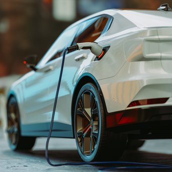 Ein weißes Elektroauto steht an einer Ladestation, mit einem Ladekabel verbunden. Im Hintergrund sind unscharfe Figuren und städtische Elemente zu sehen, die auf eine belebte Umgebung hinweisen.