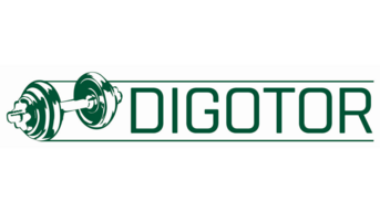 Das Logo zeigt eine Hantel mit zwei Gewichten auf beiden Seiten. Der Schriftzug "DIGOTOR" ist in grüner Schrift unterhalb der Hantel platziert. Das Design vermittelt einen sportlichen und fitnessorientierten Eindruck.