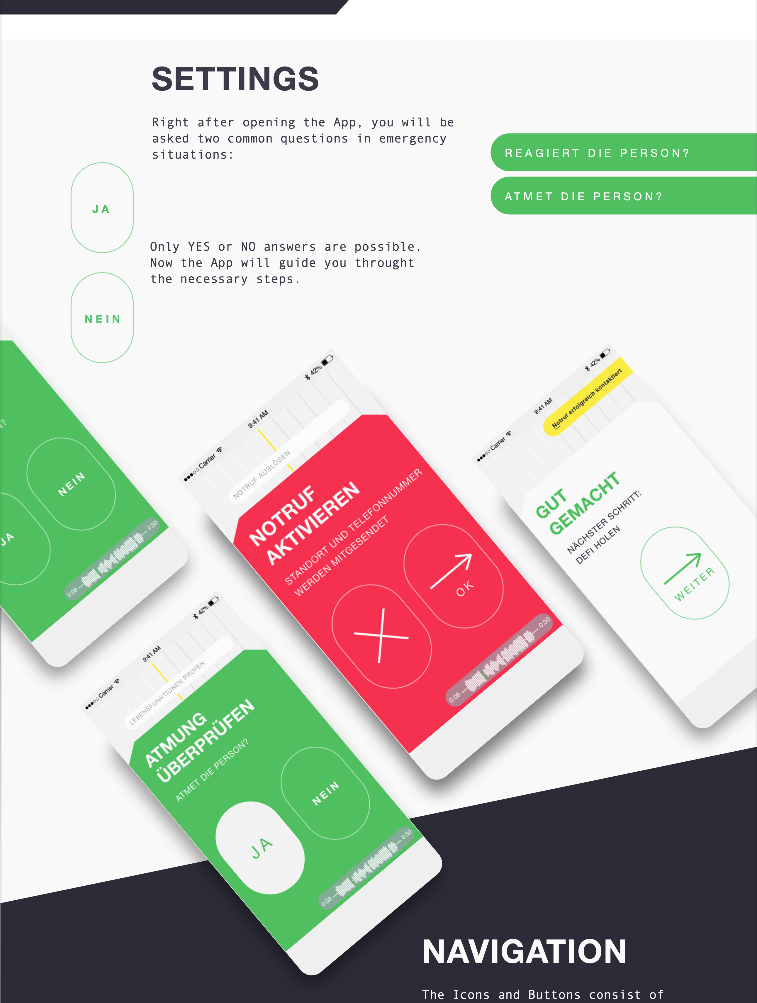 Einstellungen der App zeigen Fragen zu Notfallsituationen mit Optionen für "Ja" und "Nein". Anweisungen zur Aktivierung des Notrufs sind ebenfalls enthalten.
